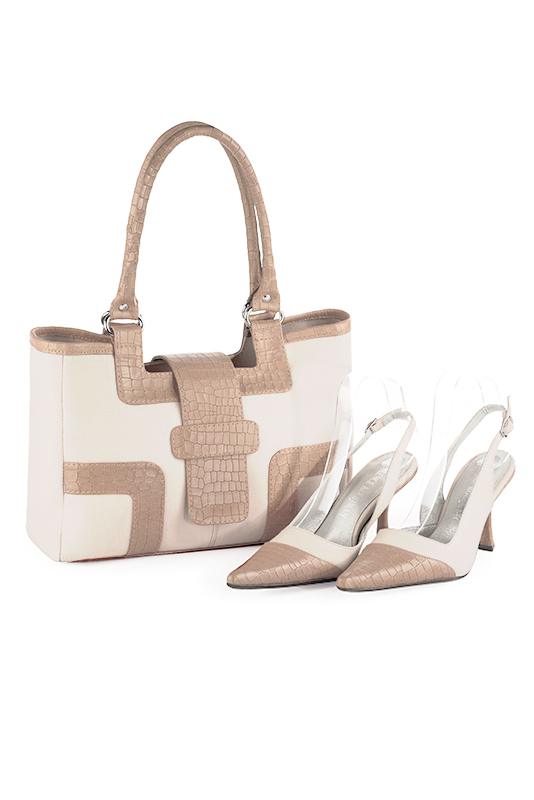 Off white and tan beige women's dress handbag, matching pumps and belts. Top view - Florence KOOIJMAN